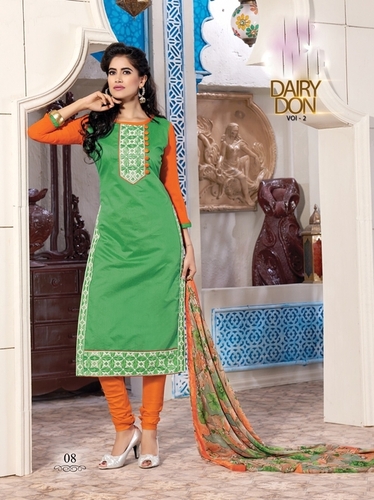 Chanderi Patiyala Suite - Chanderi & Cotton Fabric, Unstitched, Green | Embroidered Patchwork, Full Sleeves, Party Wear