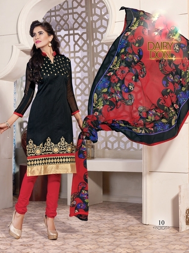 Ladies Patiyala Suit - Chanderi & Cotton Fabric, Black, Unstitched | Embroidered Patch Work, Full Sleeves, Party Wear