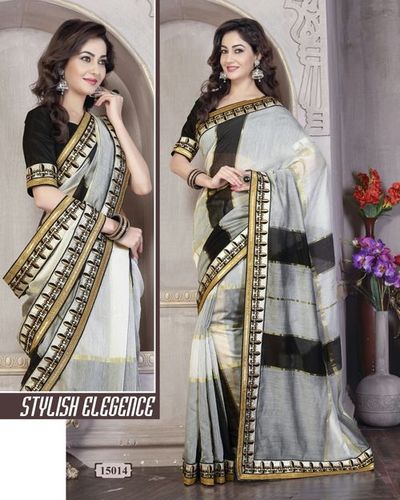 Glamorous Cotton Saree - Cotton, 5.5m Length, Black, Striped with Embroidered Border | Stylish, Elegant, Smooth, Colorfast, Shrink-Resistant, Trendy Designer