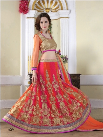 Occeanus Peach Net Designer Lehenga Choli