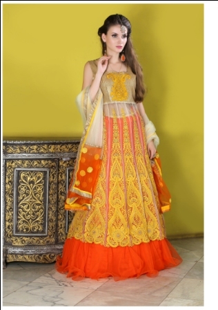 Elegant Bridal Lehenga - Net Silk, Orange, Custom Size | Multi Layered, Embroidered, A-Line, Comfortable Fit