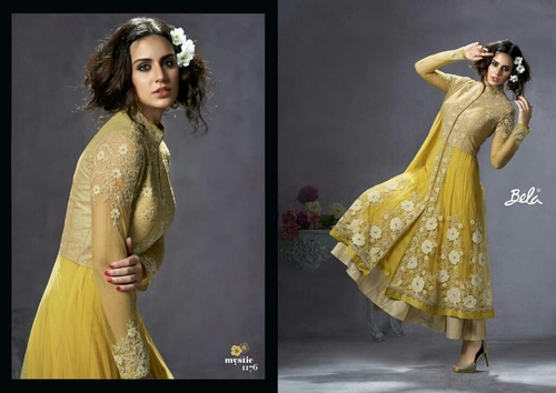 MYSTIC - Georgette Fabric, Ankle Length, Yellow | Floral Embroidery, Elegant A-line Style