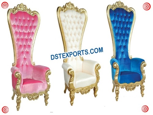 Royal Wedding Gold Metal High Back Designer Chair - Wood & Gold Plated Metal, Velvet Upholstery, Hand Carved, Elegant Royal Look