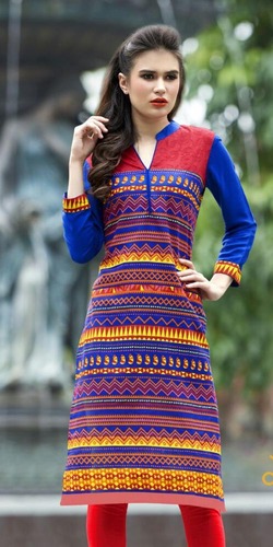 Owomaniya Cotton Knee-Length V-Neck Kurtis - Machine Wash, Vibrant Prints, Comfortable Fit, Ethnic Wear