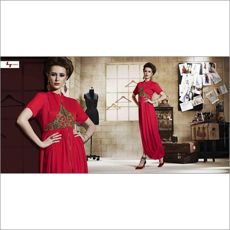 Designer Kurti - Georgette, Red, Max Length | Embroidered, Elegant Design, Comfortable Fit, A-line, Readymade