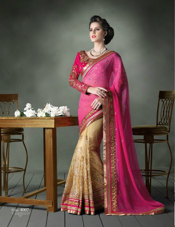Pink and Cream Chiffon Heavy Designer Saree
