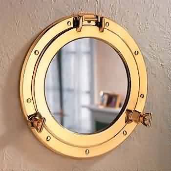 Antique gold shaded brass porthole mirror
