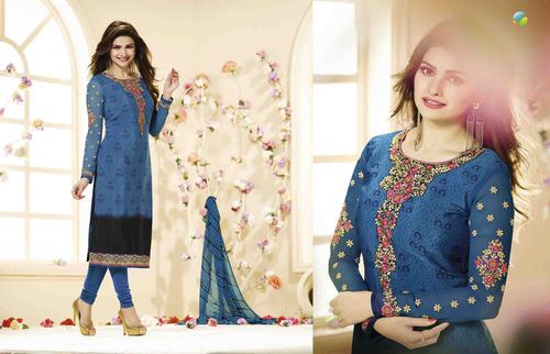 Fancy Chudidar Suit - Jacquard Chiffon Fabric, Blue, Straight Style | Border Lace Work, Elegant Design, Soft Fabric, Comfortable Wear