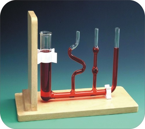 Water Level Apparatus Wooden Base - Polished Wood Base, Four Glass Tubes, Various Shapes | Constant Level, Common Horizontal Tube