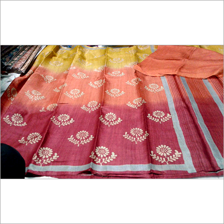 Tussar Silk Sarees - Handloom 5.5 Yards, Orange | Floral Print, Luxurious Feel, Soft Texture