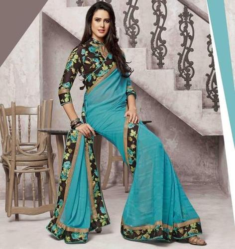 Regular Printed Sarees - Georgette Fabric, 5.5 Meters, Light Blue | Floral Print, Elegant Design, Comfortable Party Wear