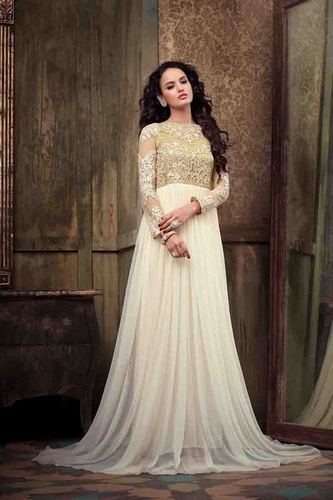 Designer Long Gown - Net Fabric, 2.5 Mtr, White | Elegant Design, Party Wear, Comfortable Fit