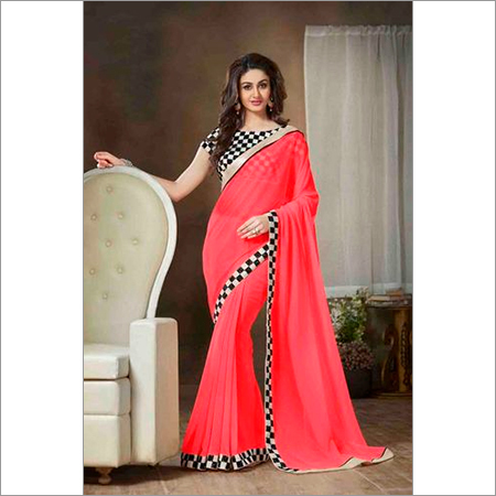 Fashionable Fancy Saree - Pure Georgette, 5.5m Coral, Silk Blouse | Embroidered Work, Elegant Design, Party Wear