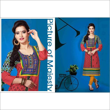 Digital Printed Kurtis - Cotton, Red, Knee-Length, Round Neck | Stylish Design, Comfortable Fit, Vibrant Colors, Three-Quarter Sleeves