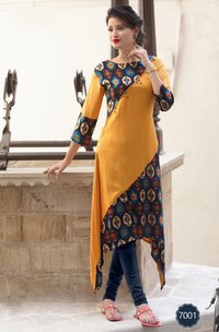 Rayon Kurtis 7001-7007 - Full Set Sizes M, L, Xl, Xxl | Multicolour Printed Fabric, 3-4th Sleeve Style, Casual & Formal Ethnic Wear