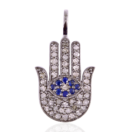 Diamond Blue Sapphire Hamsa Charm Pendant 