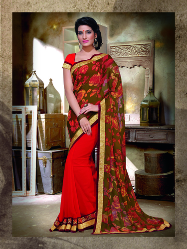 Silk Sarees - Georgette & Raw Silk, 5.5m, Olive Green & Red | Elegant Floral Print, Golden Border, Wedding Ready