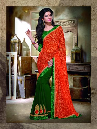 Bandhani Print Saree Designs - Chiffon & Georgette Saree 5.5m, Raw Silk Blouse 0.9m, Orange Green | Traditional Weave, Durable Fabric, Vibrant Colors