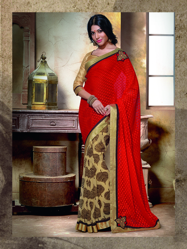 Red And Beige Jacquard Bollywood Designer Saree