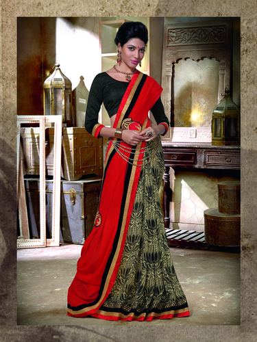 Latest Sarees Collection - Georgette & Chiffon Saree 5.5m, Raw Silk Black Blouse, Soft Lightweight Elegant Drape