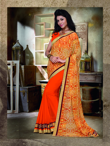 Latest Sari - Georgette & Raw Silk, 5.5m, Orange | Shimmery Look, Zari Embroidery, Elegant Design
