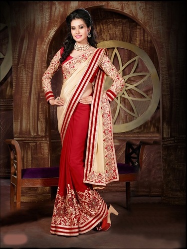 Georgette Party Wear Saree - Georgette, 5.5 MTR, Red & Beige | Dhupian Net Blouse, Elegant Prints, Comfortable Drape