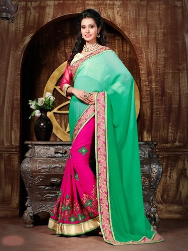 Georgette Party Wear Saree - 5.5 MTR, Green Pink, Georgette with Brocade Net Blouse | Elegant Design, Bollywood Style, Comfortable Draping