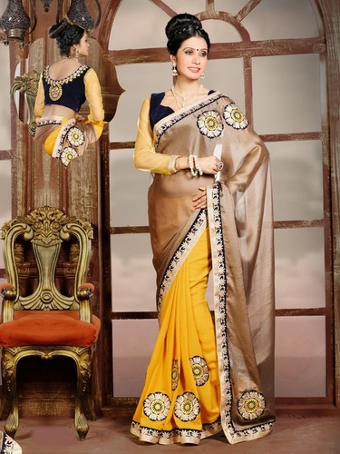 Crape Style Lovely Saree - Cotton Crape Fabric, 5.5 Mtr, Yellow | Velvet Net Blouse, Party Wear, Elegant Design