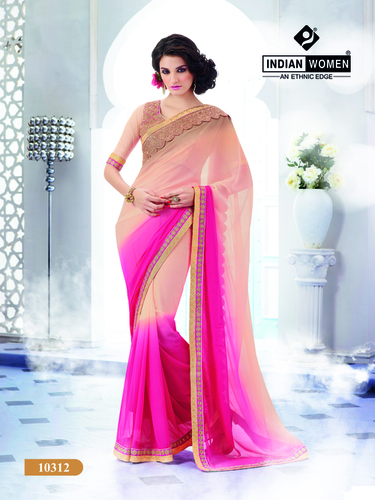 Beige & Pink Georgette Party Wear Sarees Surat