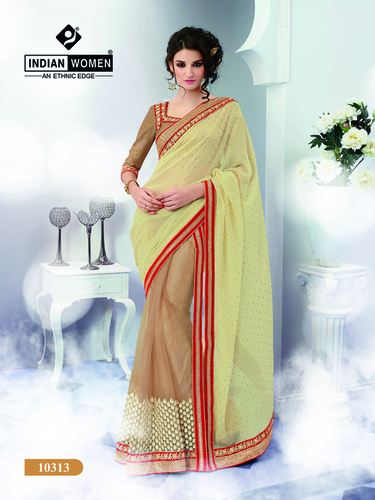 Cream And Beige Georgette Designer Saree Online