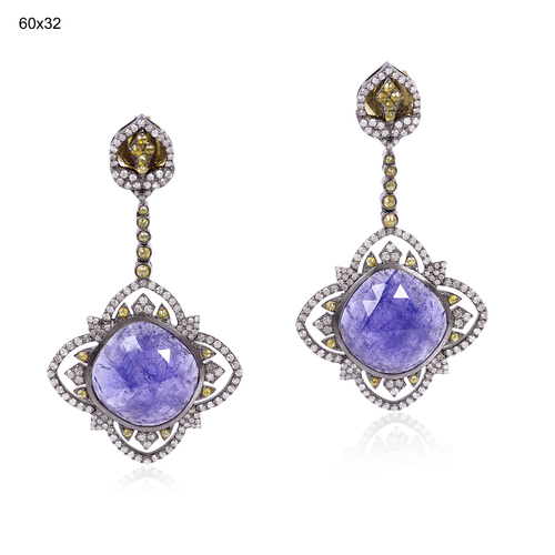 Tanzanite Dangle Earrings - 18k Yellow Gold & .925 Sterling Silver, Diamond Pave Setting, Elegant Design