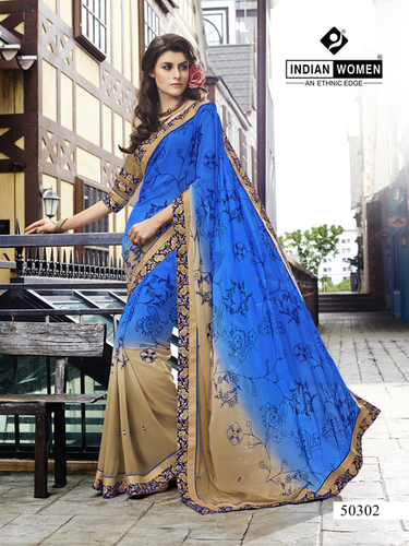 Shaded Georgette Blue Print Heavy Borederd Designer Saree