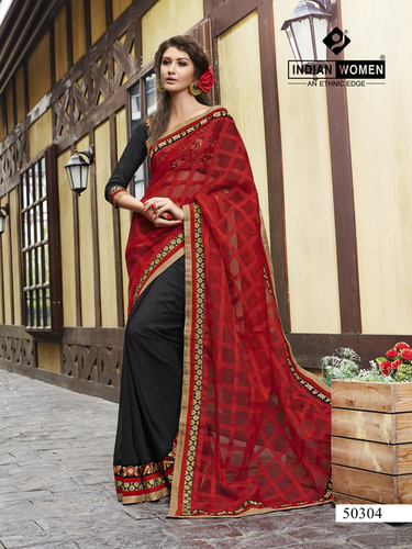 Red & Black Checks Jacquard And Georgette Saris Designs