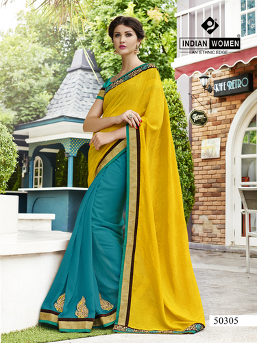 Yellow Self Jacquard and Georgette Bollywood Saree - 5.5m, Yellow Turquoise, Raw Silk Blouse 0.90m | Elegant Design, Vibrant Color, Perfect Fit