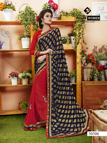Navy Blue Jacquard And Georgette Online Sarees