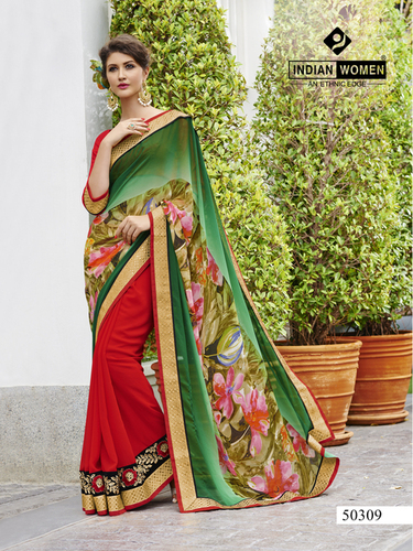 Green & Red Georgette Floral Print Designer Silk Saris