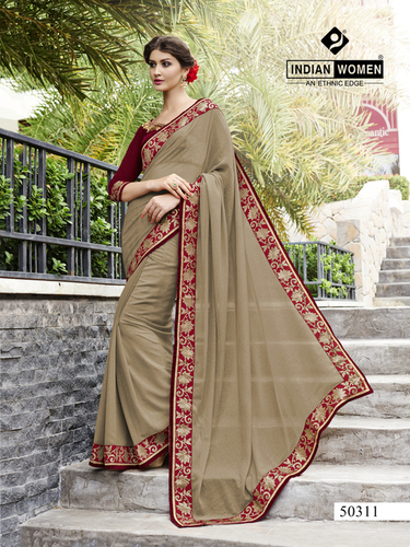 Chikoo Georgette With Glitter Half And Half Fancy Sarees