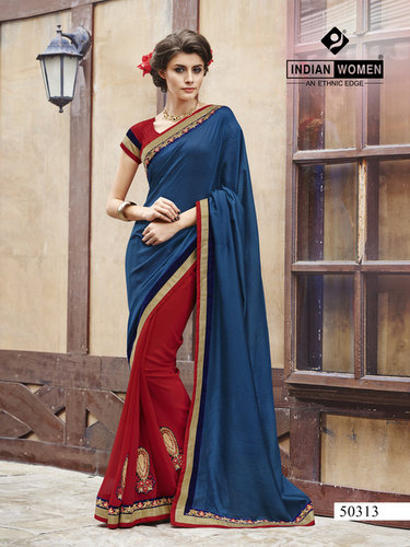 Navy Blue & Red Jacquard & Georgette Indian Sari Online - Jacquard Pallu, Georgette Skirt, Raw Silk Blouse 0.90m, 5.5m Saree | Elegant Design, Comfortable Fit, Intricate Details, Stylish Look