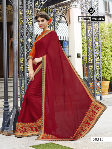 Red Satin Chiffon Heavy Fancy Borderd Latest Designer Saris