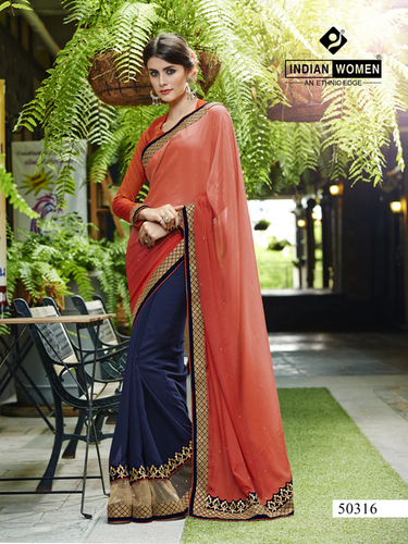 Orange & Navy Blue Satin Chiffon Party Wear Net Sarees