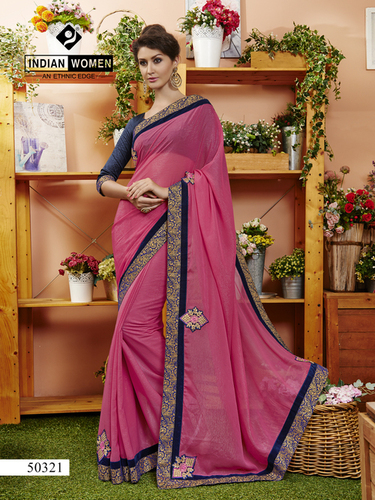 Pink Sparkle Chiffon Heavy Bordered New Saree