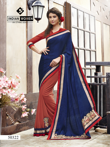 Navy Blue Self Jacquard & Georgette Plain Sari