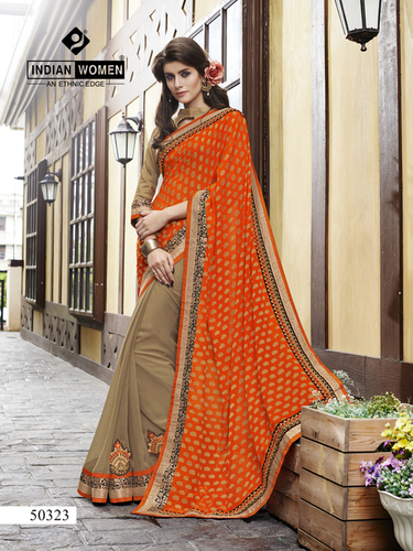 Orange & Beige Jacquard And Georgette Chanderi Saris