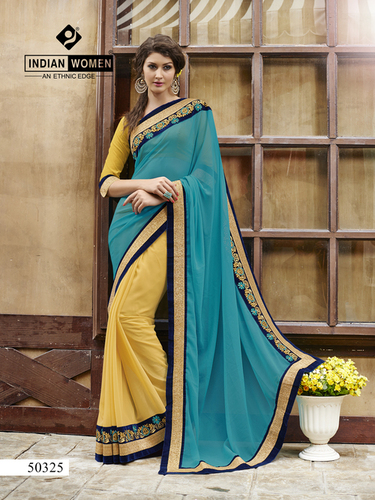 Turquoise & Yellow Georgette Half And Half Designer Sari