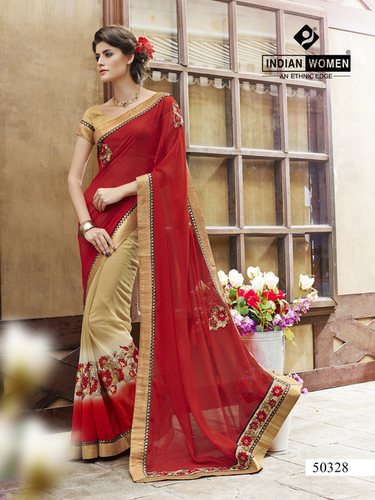 Red Georgette & Chiffon Print Party Wear Designer Saree