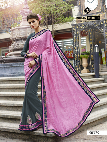 Pink & Grey Fancy Jacquard And Georgette Saree Designs