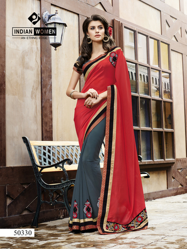 Red & Grey Self Jacquard & Georgette Online Shopping