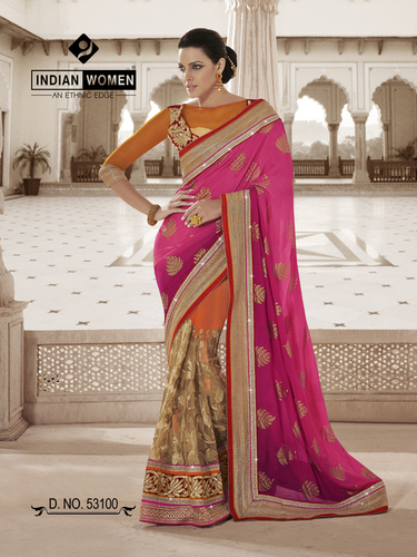 Embellished Jacquard Heavy Embroidered - Jacquard, 5.5 Mtr, Pink, Raw Silk Blouse, 0.90 Mtr, Light Gold, Elegant Design, Intricate Embroidery, Heavy Work