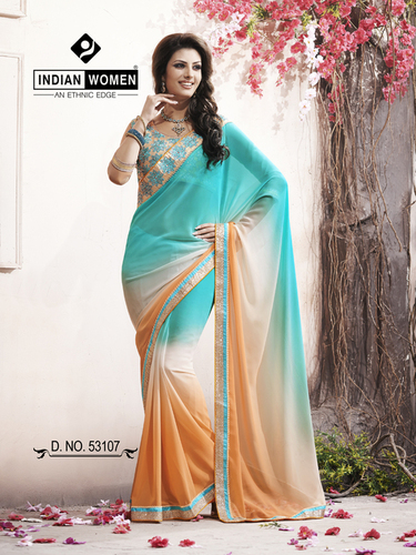 Cyan Shaded Geroegtte Designer Lehenga Saree