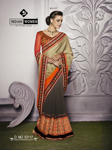 Multi Shaded Crepe Jacquard Latest Sarees - Crepe Jacquard Fabric, 5.5 Mtr, Multi Color, Raw Silk Blouse 0.90 Mtr, Hand Embroidery, Classic Elegant Design